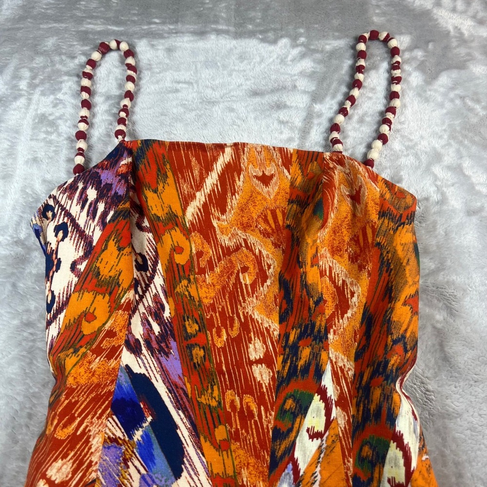 NWT Farm Rio Women's Medium Midi Dress Orange Ikat Print Beaded Straps Anthro - Picture 3 of 11